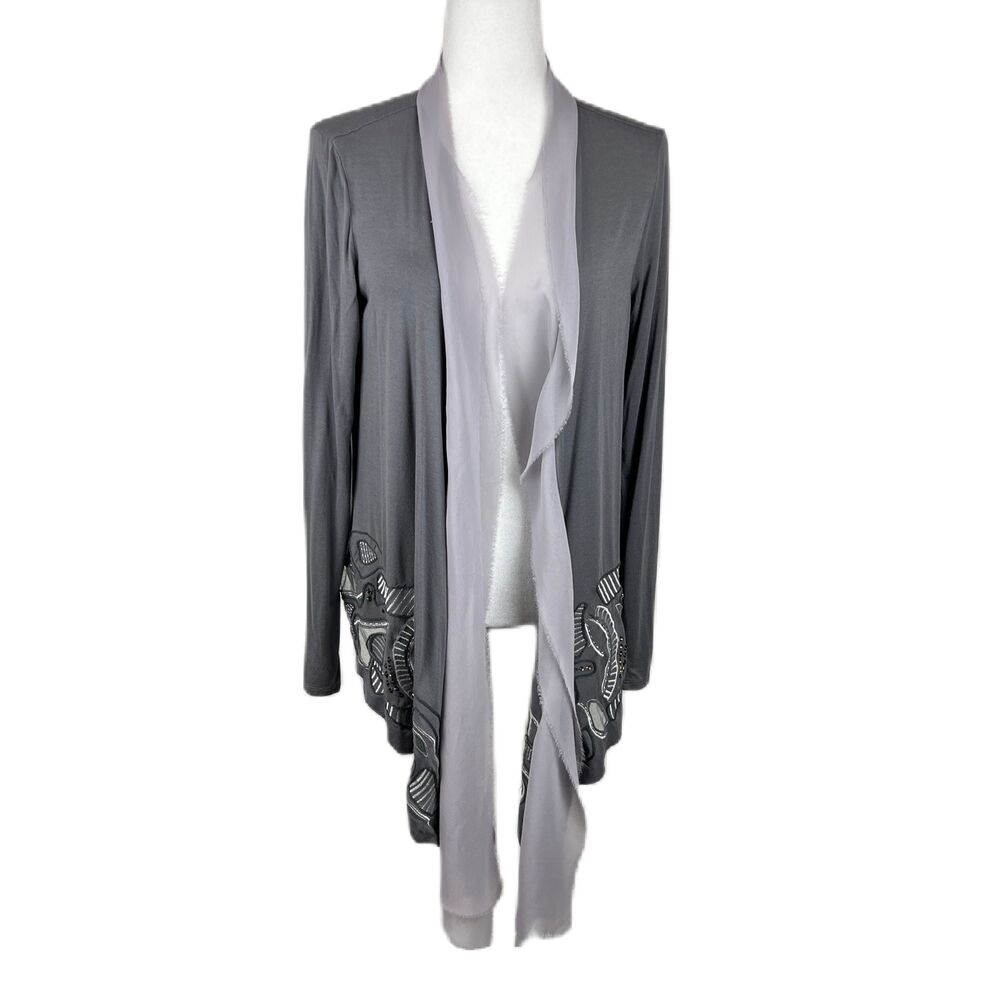 BKE Boutique Sweater Women Medium Grey Geometric Embroidered Open Front Cardigan